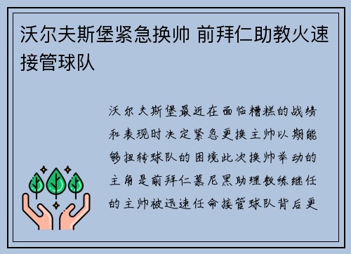 沃尔夫斯堡紧急换帅 前拜仁助教火速接管球队 沃尔夫斯堡紧急换帅 前拜仁助教火速接管球队